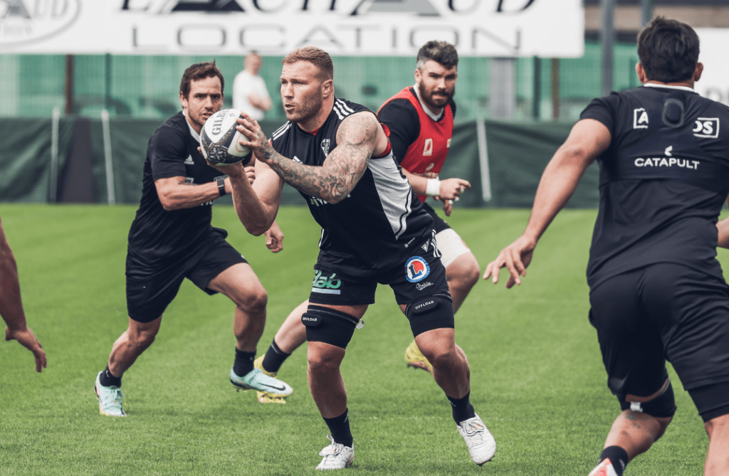 Wales rugby player Ross Moriarty with the ball during a training session at his new club, Top 14 side Brive